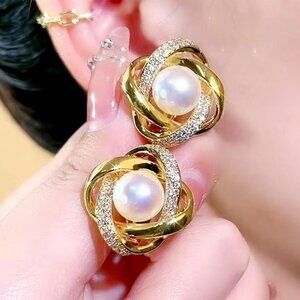 3/$35 Elegant Gold Pave Rhinestone Twist Flower Faux Pearl Stud Earrings Jewelry